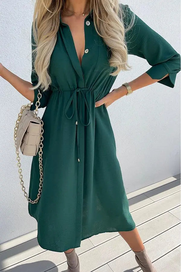 Drawstring Waist Button Midi Dress - Fashionpara