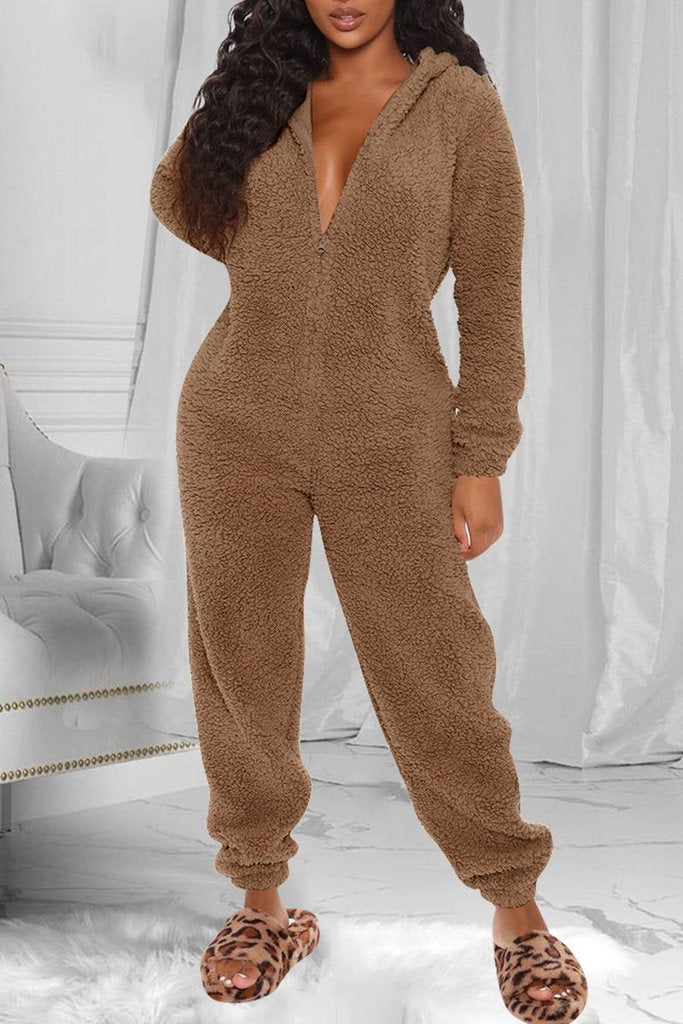 Fuzzy Hoodie Collar Jumpsuit Pajamas - Fashionpara