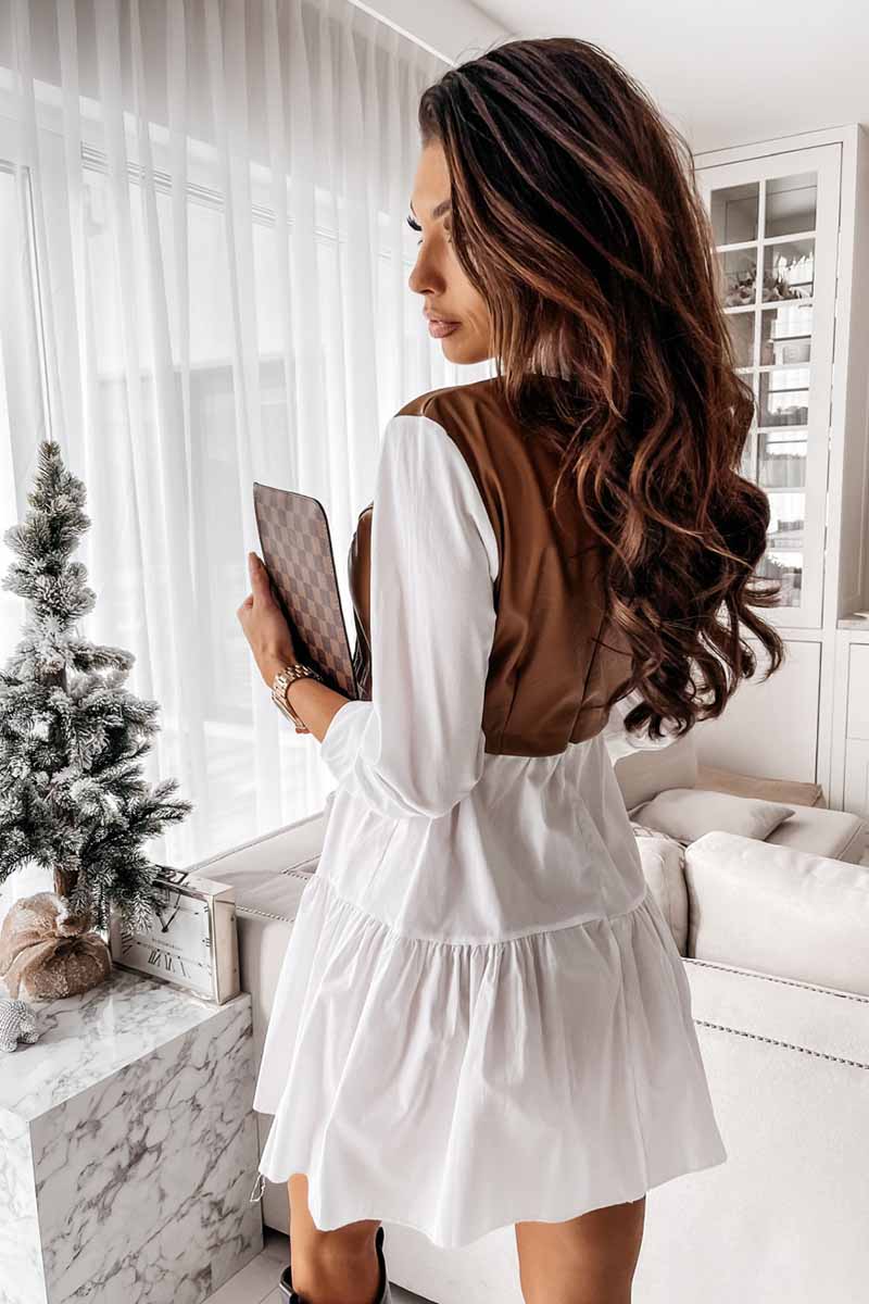 Florcoo Shirt skirt and leather stitching Mini Dress - Fashionpara