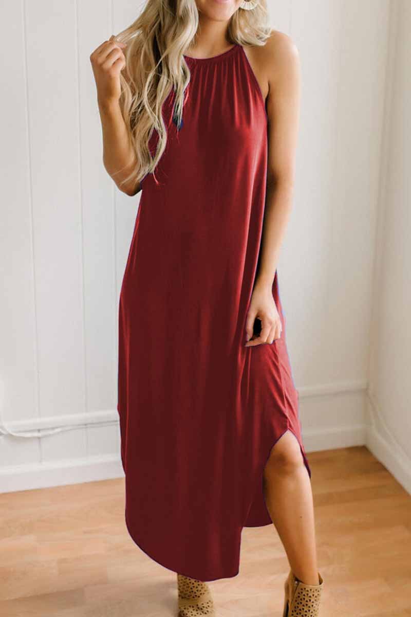 Florcoo Loose Sexy Solid Color Sling Midi Dress - Fashionpara