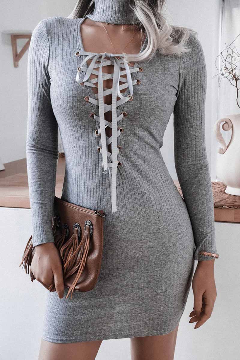 Florcoo Halter Neck Deep V Knitted Bag Hip Mini Dress - Fashionpara