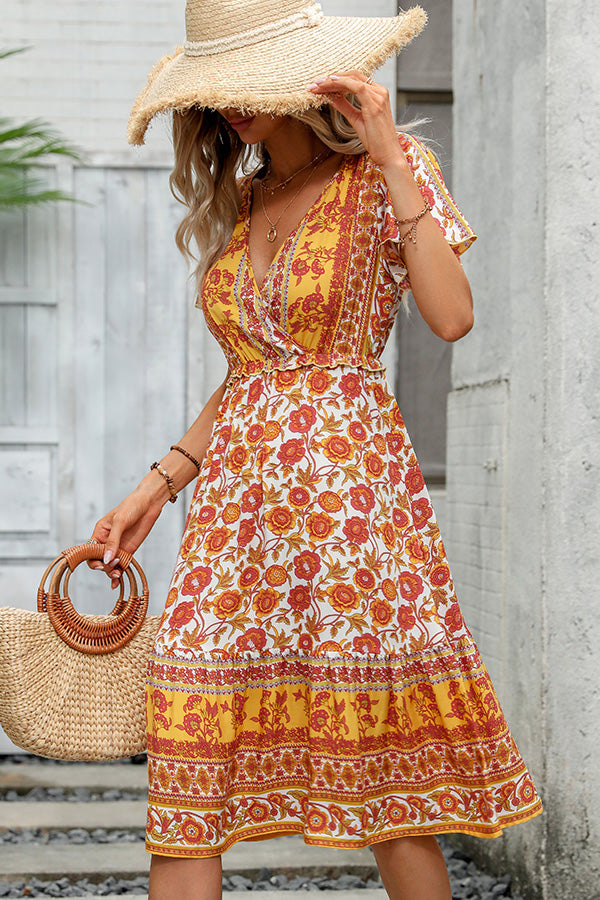 Bohemia Print V Neck Short Sleeve Casual Dress - Fashionpara