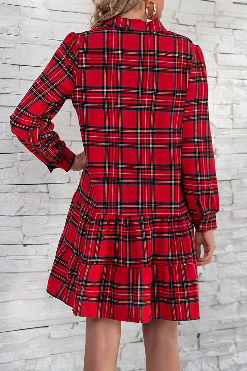 Florcoo Plaid Shirt Long Sleeve Single Dress - Fashionpara