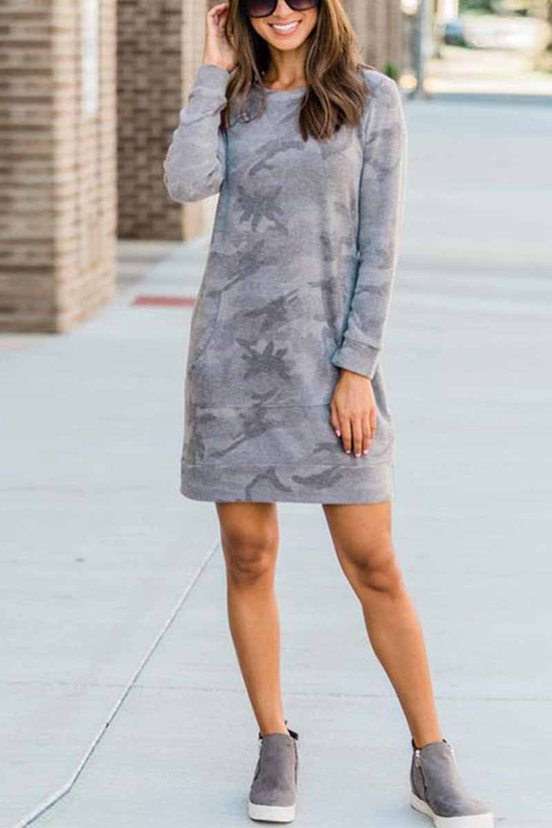 Florcoo Casual Loose Round Neck Camouflage Mini Dress - Fashionpara