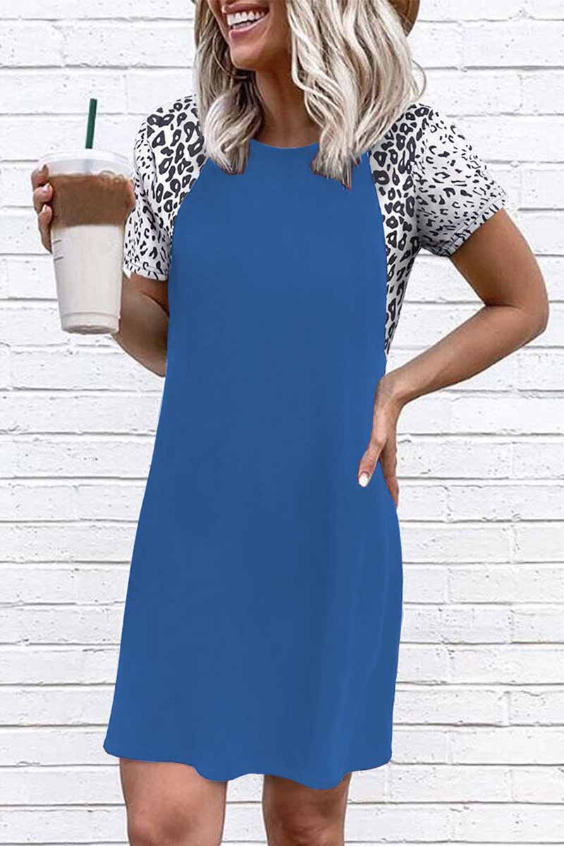 Florcoo Round Neck Rotator Sleeve Leopard Print Stitching Mini Dress - Fashionpara