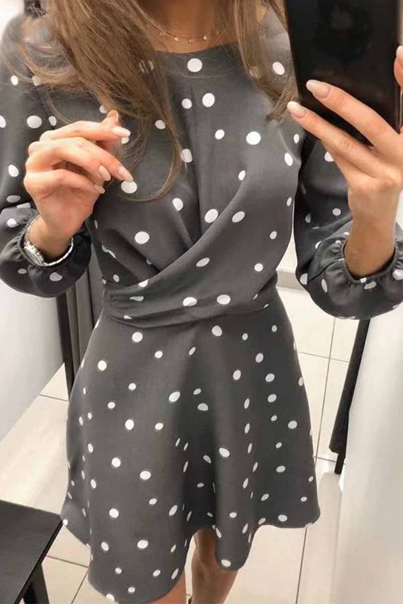 Florcoo Loose Round Neck Long Sleeve Polka Dot Mini Dress(4 Colors) - Fashionpara