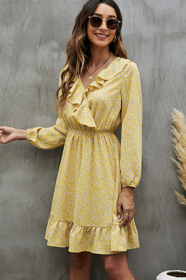 V Neck Floral Print Ruffled Mini Dress - Fashionpara