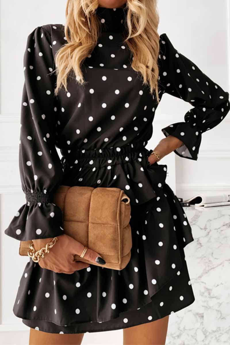 Florcoo Thin Irregular Lotus Leaf Dot Printing Mini Dress - Fashionpara