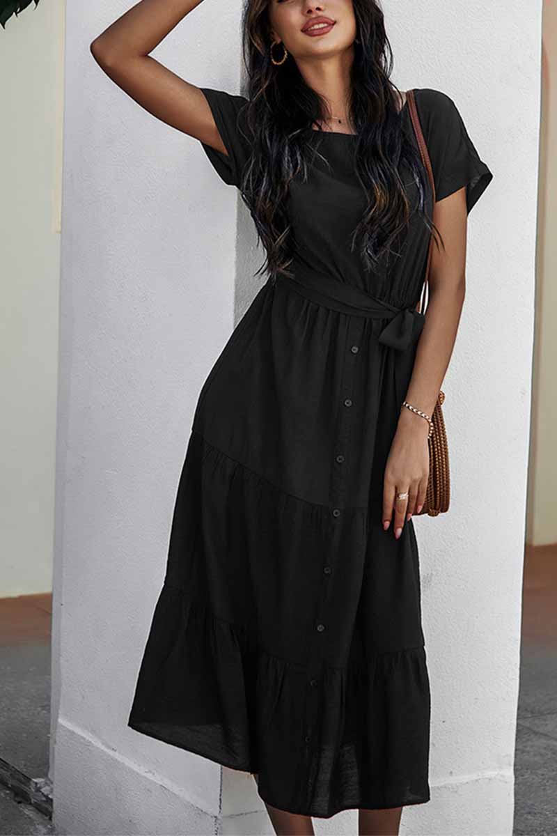 Florcoo Pure Color Simple Restraint Waist Midi Dress(3 Colors) - Fashionpara