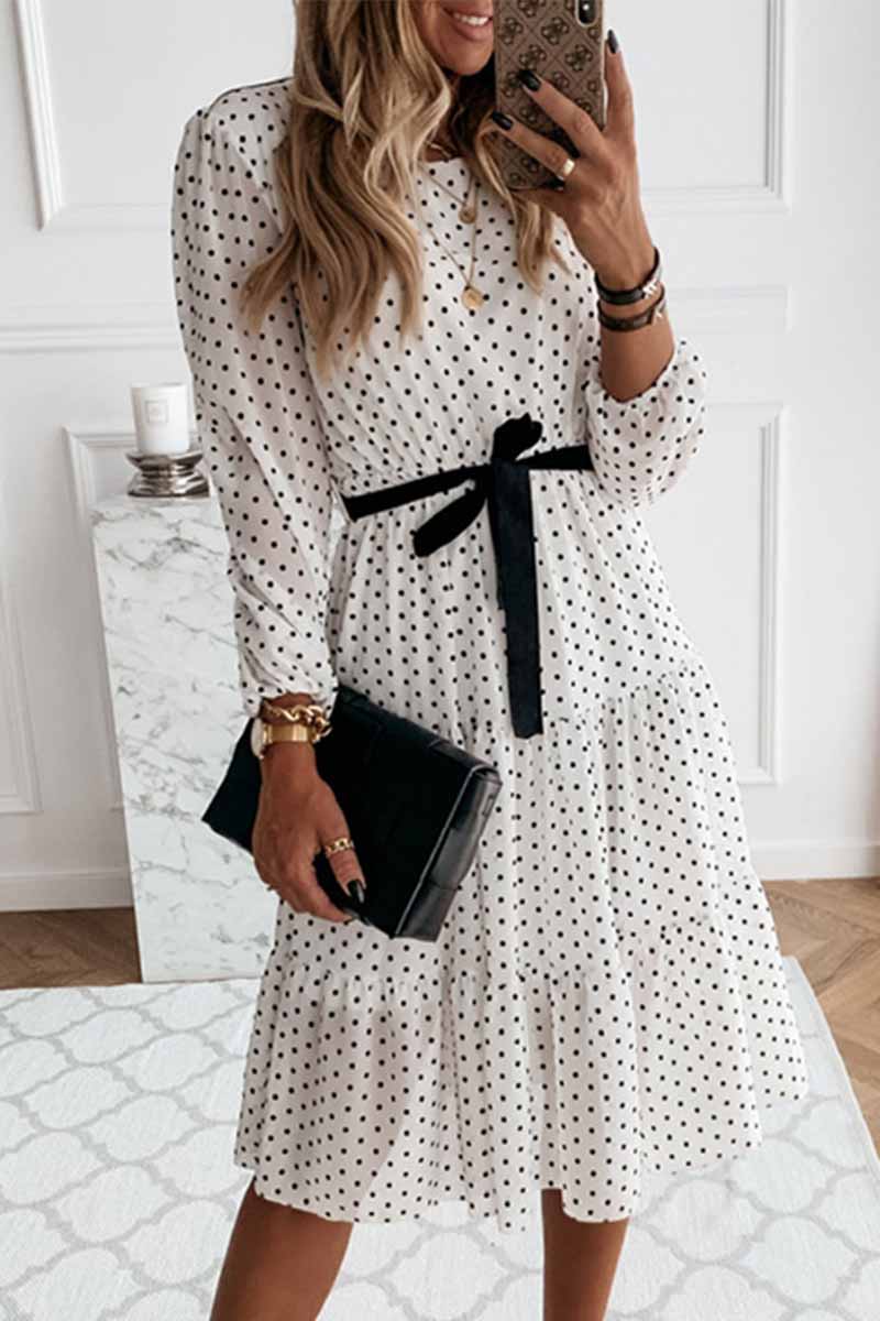 Florcoo Elegant White Black Dot Print Round Neck Tie Midi Dress - Fashionpara