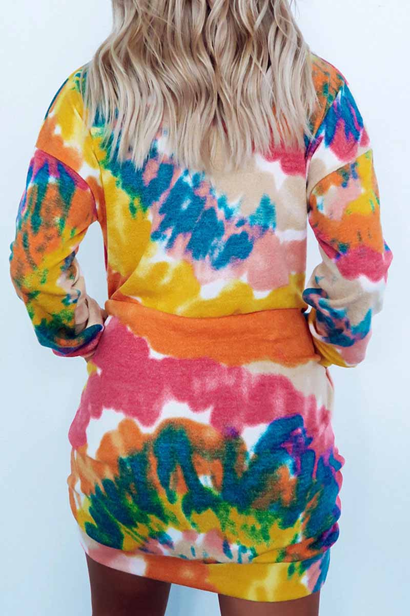 Florcoo Round Neck Pullover Tie-Dye Printing Mini Dress - Fashionpara