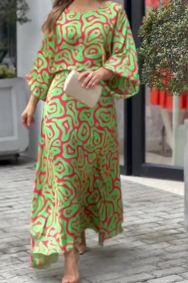 Print Bat Blouse Maxi Skirts Set - Fashionpara