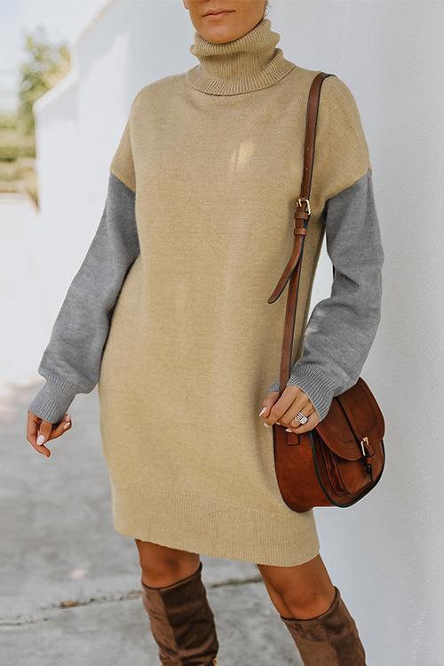 Color Block Turtleneck Sweater Dress - Fashionpara