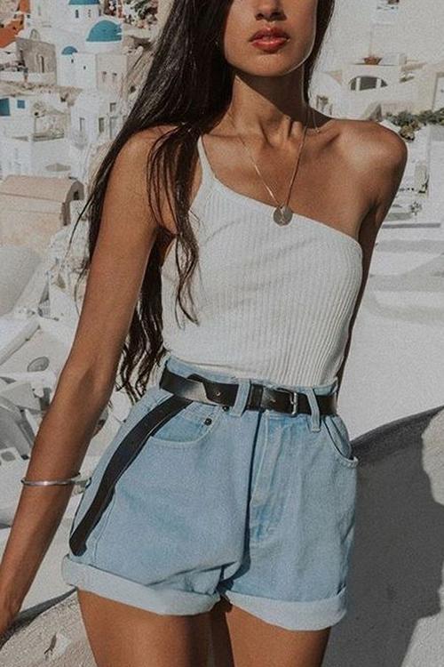 High Waist A Line Denim Shorts - Fashionpara