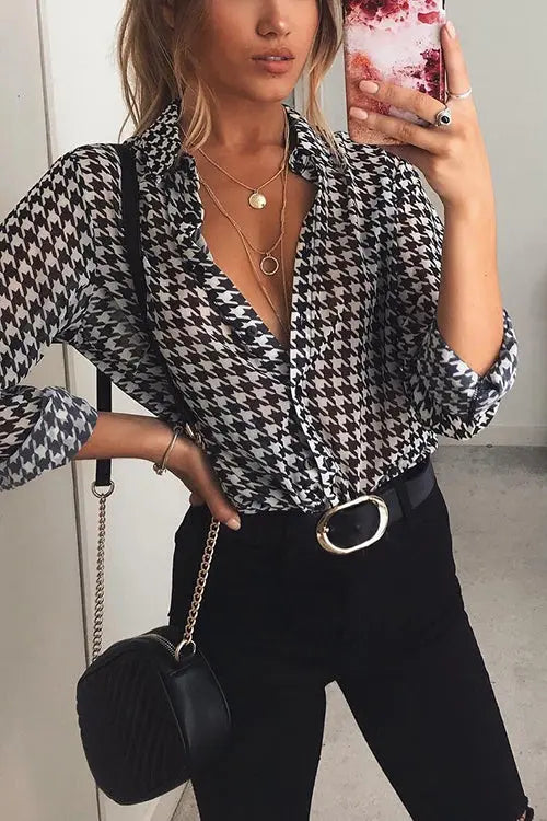 Houndstooth Long Sleeve Button Shirt - Fashionpara