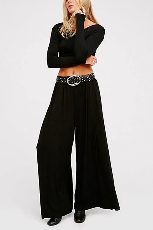 Solid Crop Wide Leg Pants Set - Fashionpara