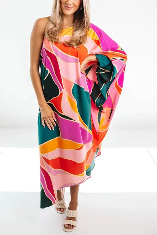 Multi Print Asymmetrical One Shoulder Dress - Fashionpara