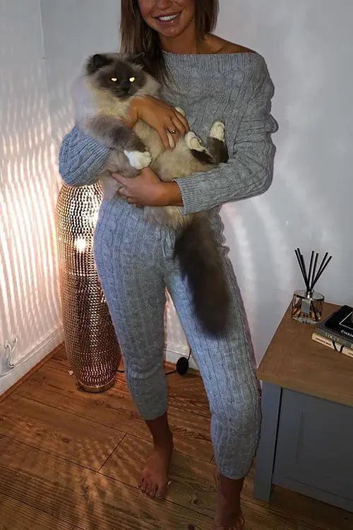 Knit Dew Shoulder Pants Set - Fashionpara