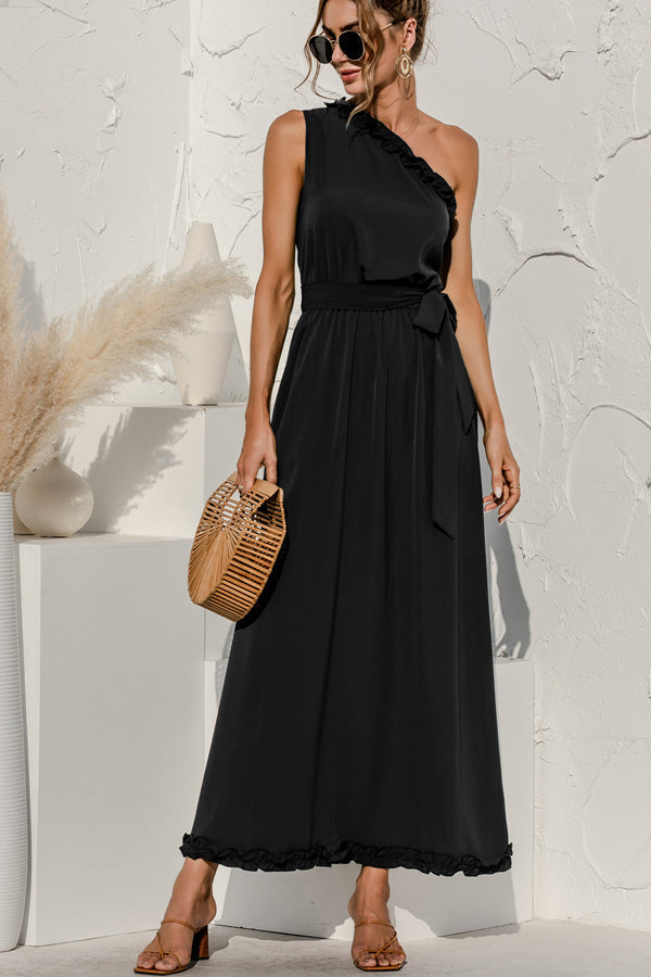 Solid Color Skew Neck Stringy Selvedge Maxi Dress - Fashionpara