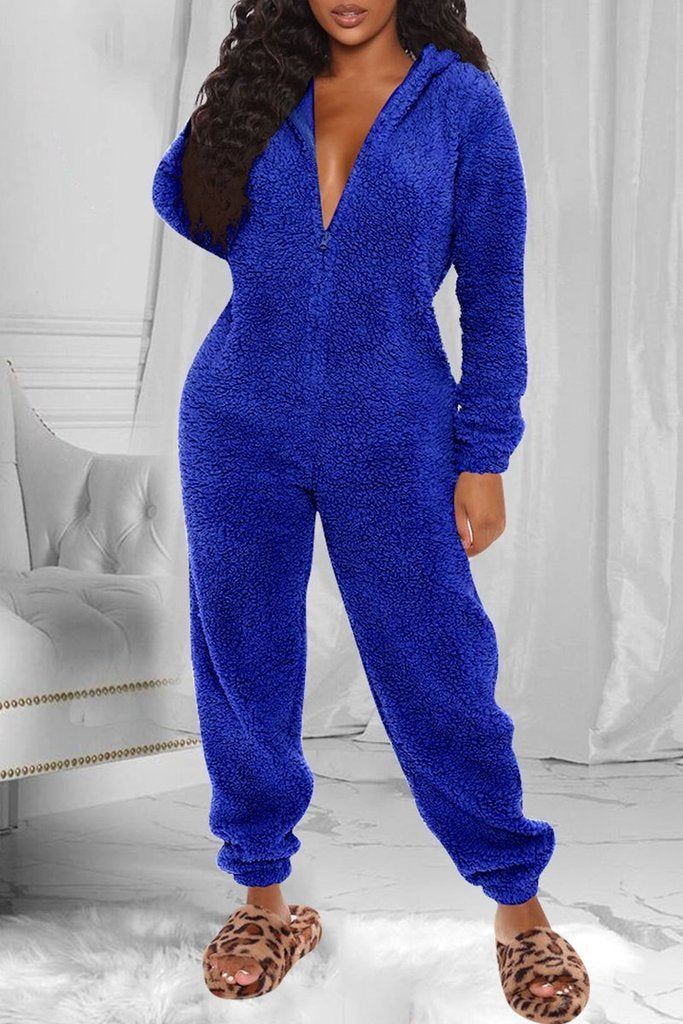 Fuzzy Hoodie Collar Jumpsuit Pajamas - Fashionpara