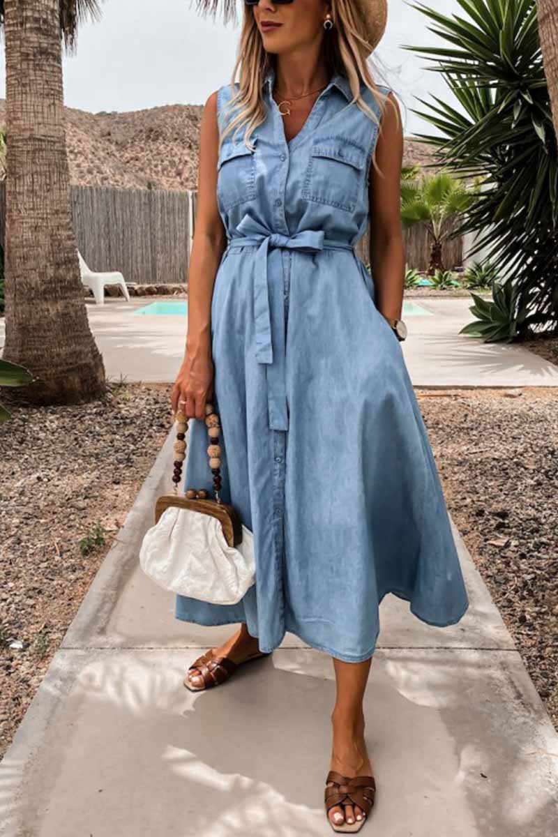 Florcoo Sleeveless Lace-Up Single-Breasted Denim Midi Dress - Fashionpara