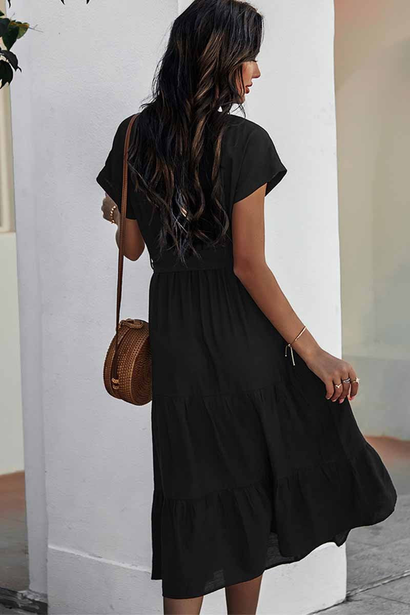 Florcoo Pure Color Simple Restraint Waist Midi Dress(3 Colors) - Fashionpara