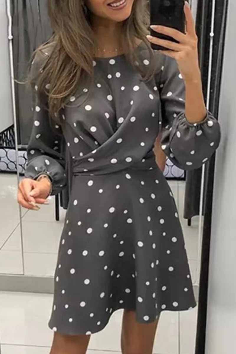 Florcoo Loose Round Neck Long Sleeve Polka Dot Mini Dress(4 Colors) - Fashionpara
