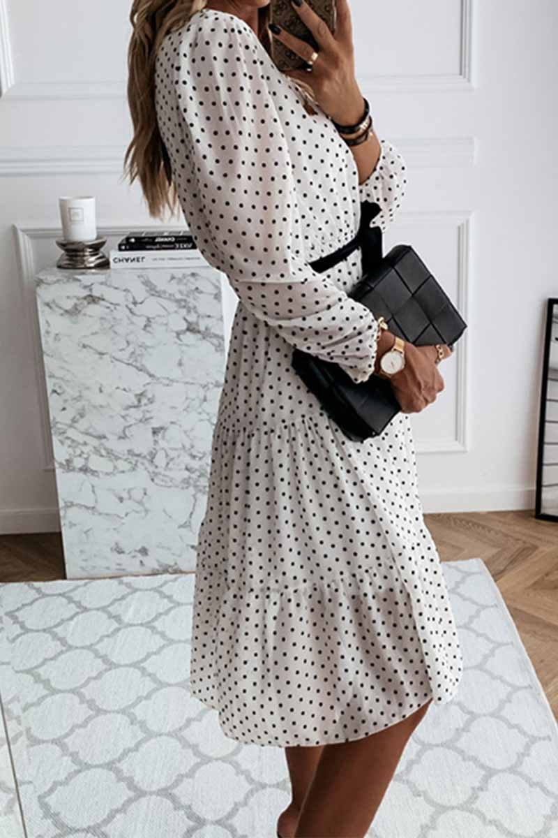 Florcoo Elegant White Black Dot Print Round Neck Tie Midi Dress - Fashionpara