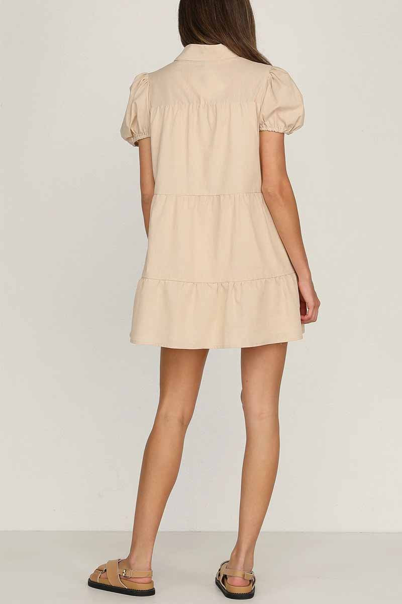Florcoo Loose Lantern Sleeve Pleated Single Breasted Mini Dress - Fashionpara