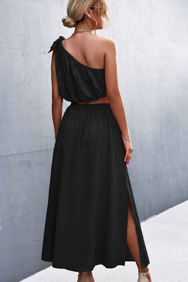 Solid Color Tie Shoulder Slid Two Pieces Dress - Fashionpara