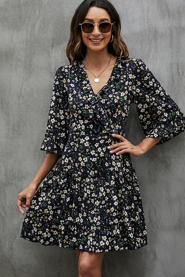 V Neck Half Sleeve Floral Print Mini Dress - Fashionpara