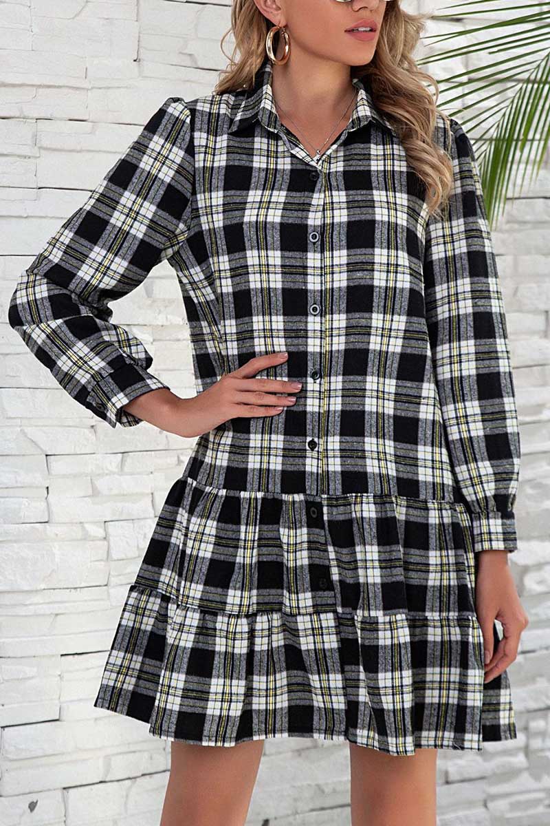 Florcoo Plaid Shirt Long Sleeve Single Dress - Fashionpara