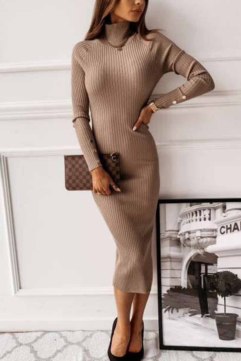 Florcoo Open Back Long Sleeve Solid Color Midi Dresses - Fashionpara
