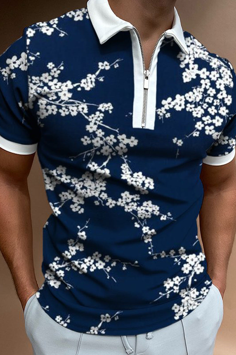 Plum Flower Print Short-Sleeved Polo Shirt - Fashionpara