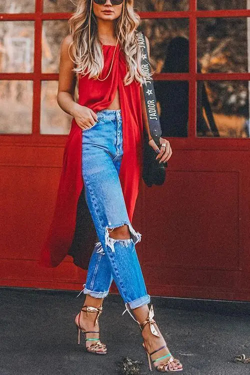 Slit Swallow Tail Top - Fashionpara