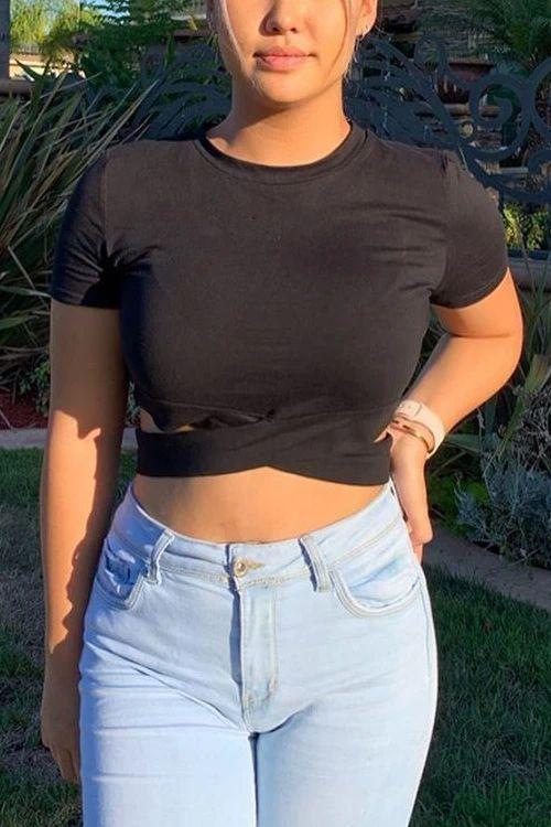 Cross Short Sleeve Crop T Shirt - Fashionpara