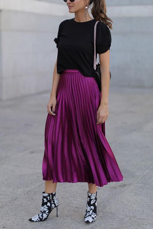 Metallic Pleated Maxi Skirts - Fashionpara