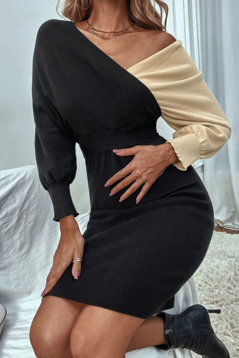 Colorblock Batwing Sleeve Belted Sweater Dress - Fashionpara