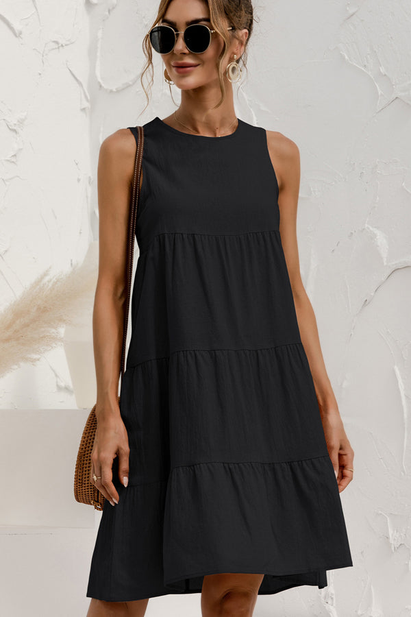 Round Neck Solid Ruched Sleeveless Mini Dress - Fashionpara