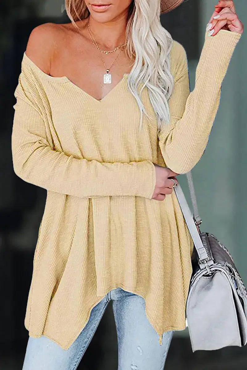 V Neck Irregular Long Sleeve T Shirt - Fashionpara