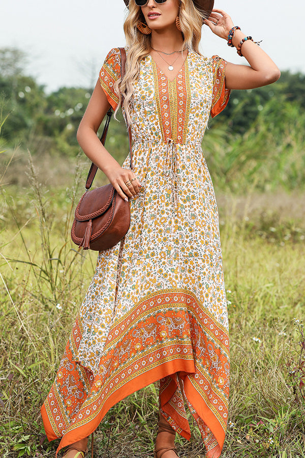 V Neck Floral Print Ruffle Hem Casual Dress - Fashionpara