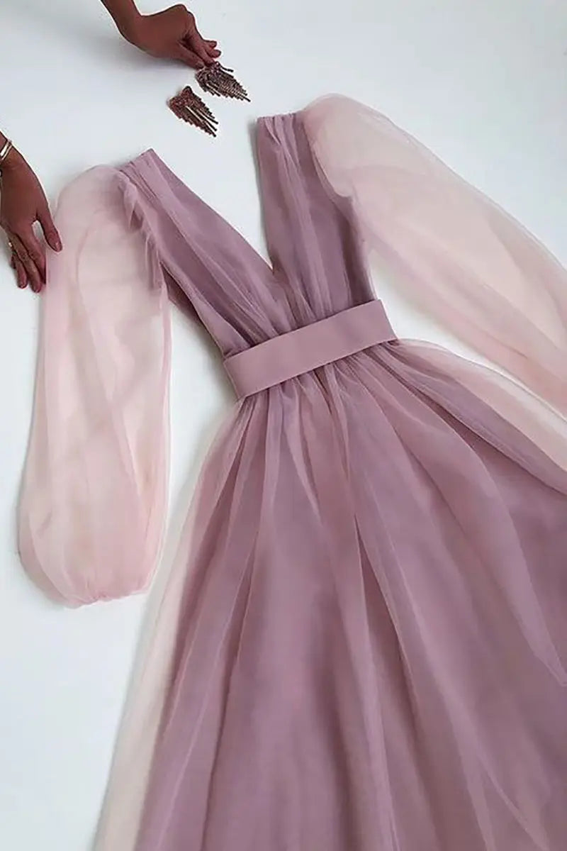 V Neck Tulle Long Sleeve Midi Dress - Fashionpara