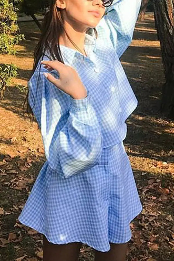 Plaid Button Crop Shirt Shorts Set - Fashionpara