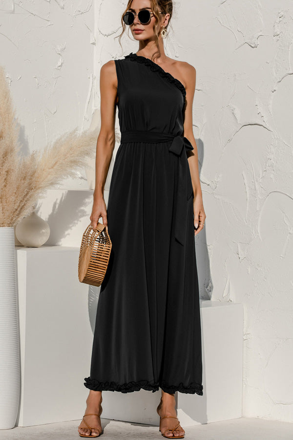 Solid Color Skew Neck Stringy Selvedge Maxi Dress - Fashionpara
