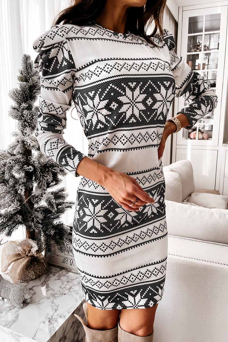 Florcoo White Print Long Sleeves Mini Dress - Fashionpara