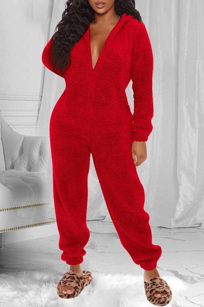 Fuzzy Hoodie Collar Jumpsuit Pajamas - Fashionpara