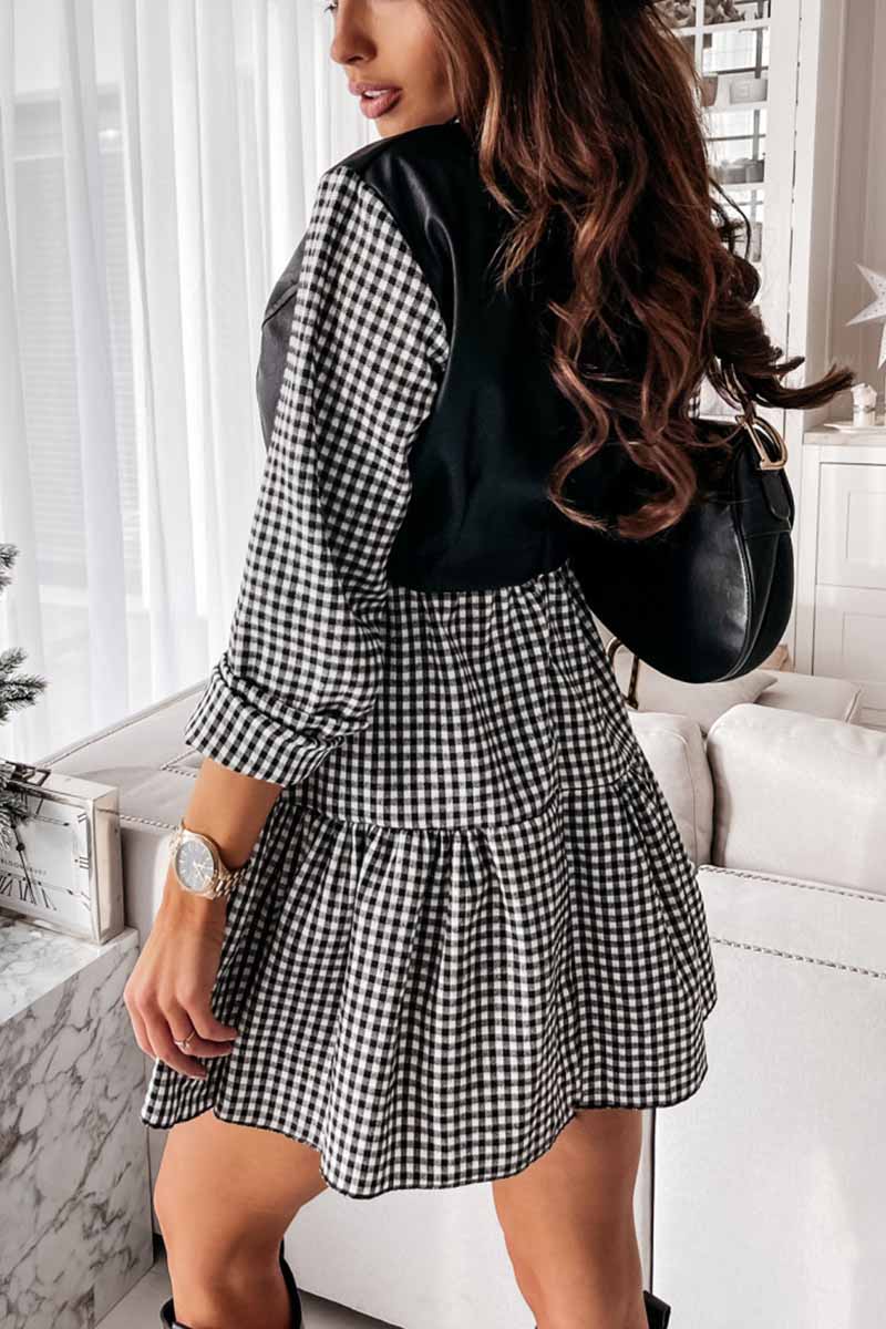 Florcoo Shirt skirt and leather stitching Mini Dress - Fashionpara