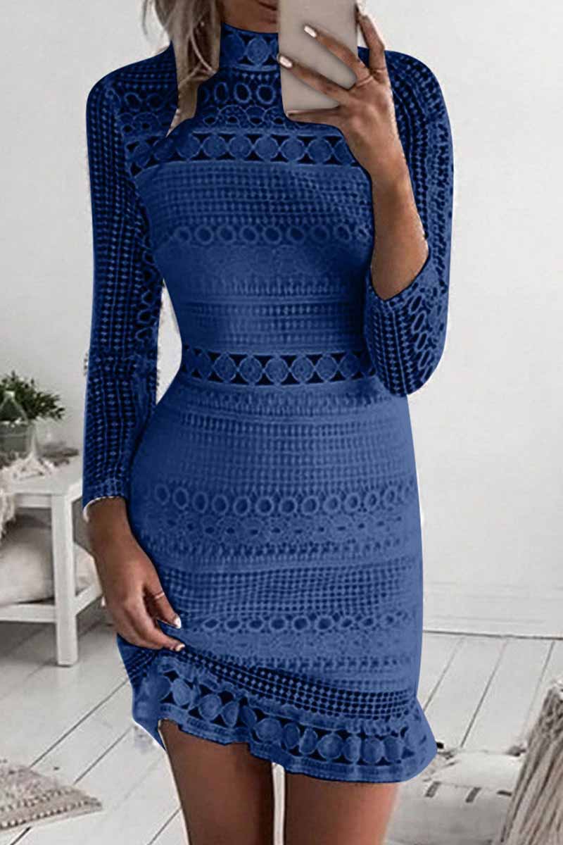 Florcoo Pure Color Sexy Hollow Lace High Collar Mini Dress(3 Colors) - Fashionpara
