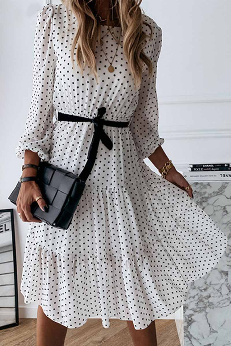 Florcoo Elegant White Black Dot Print Round Neck Tie Midi Dress - Fashionpara