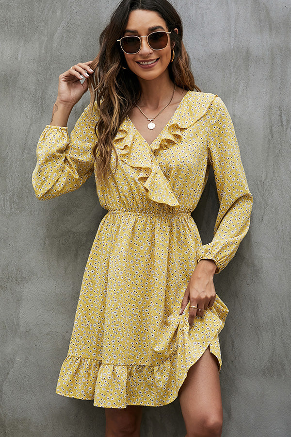 V Neck Floral Print Ruffled Mini Dress - Fashionpara